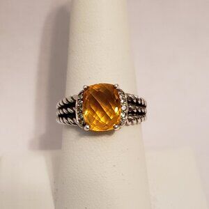 David Yurman Sterling Silver Petite Wheaton Citrine & Pavé Diamond Ring Size 7.5